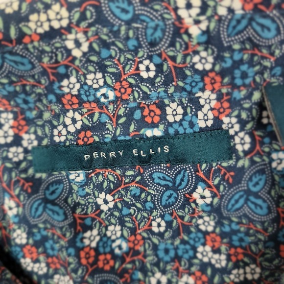 Perry Ellis Men's Floral Shirt Blue Orange White Cotton XL Short Sleeve - Picture 6 of 11